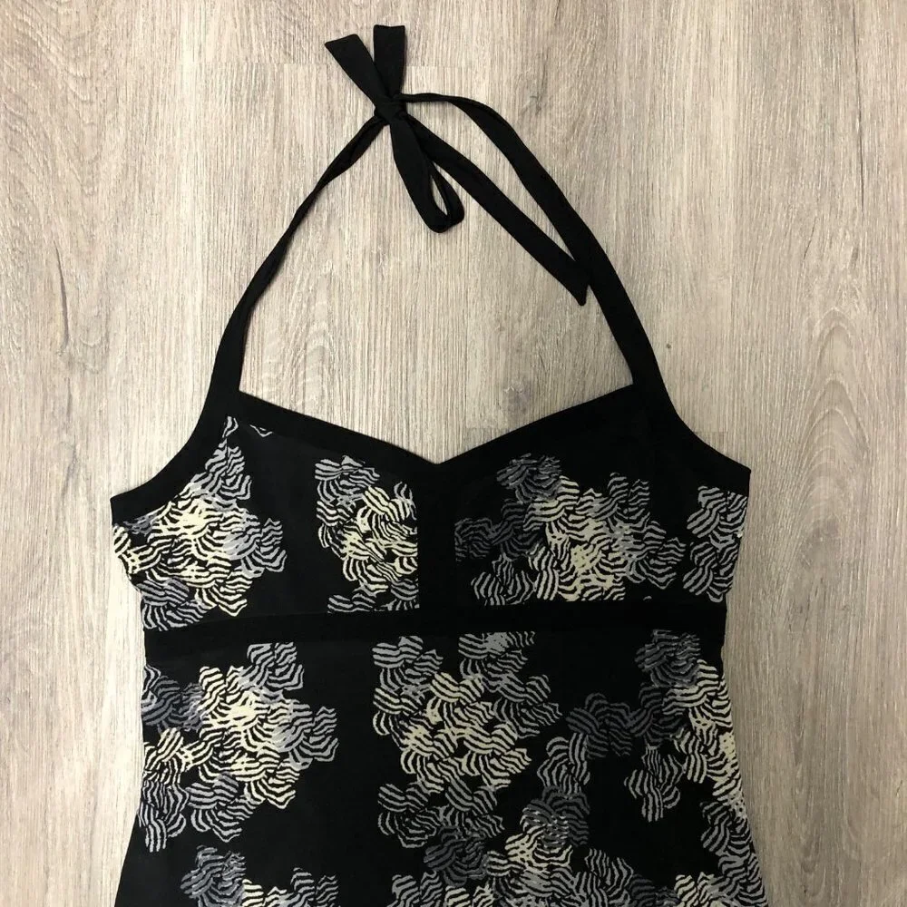 JCrew Women's Size 10 Midi Dress Halter Top Tie Asian Inspired Floral Black LBD